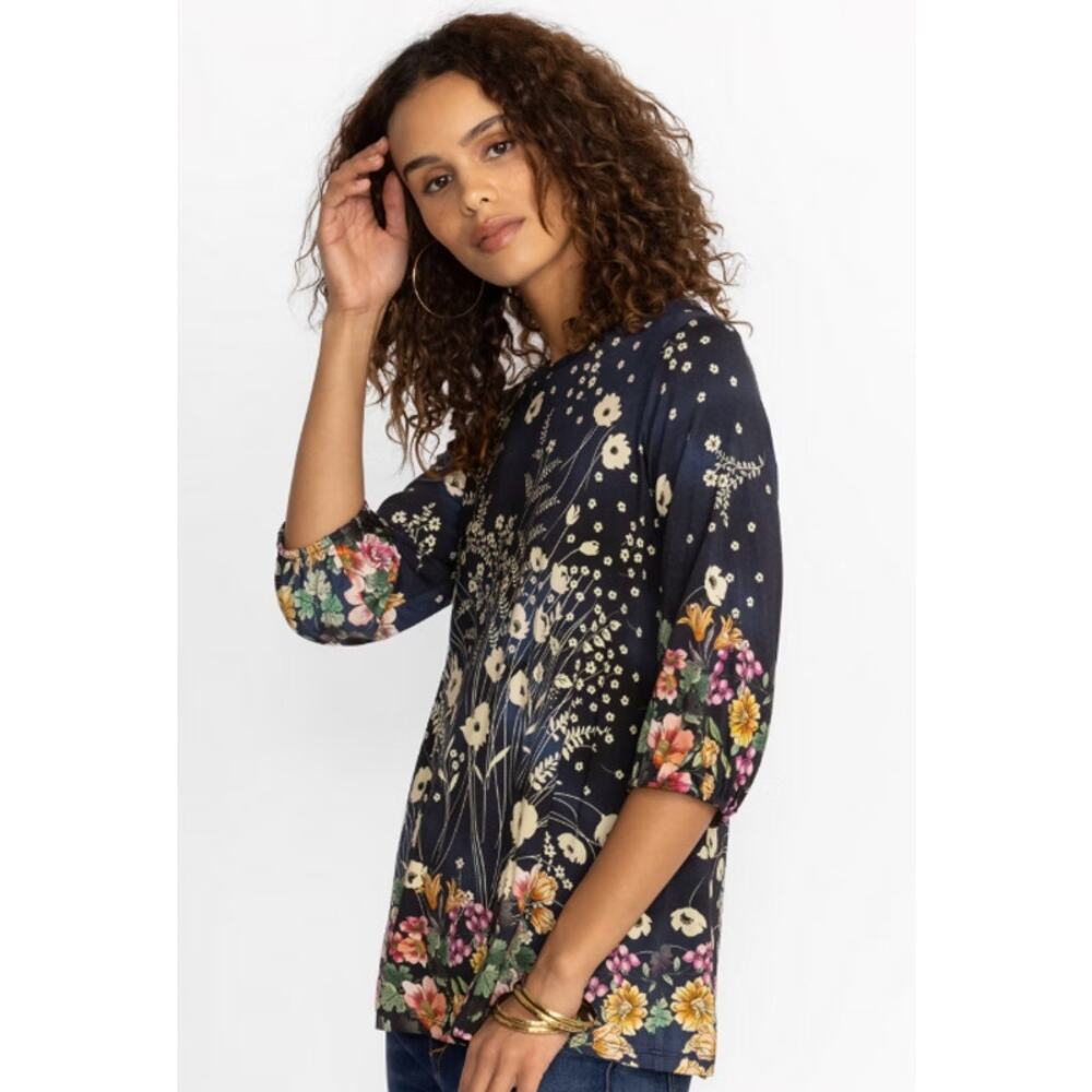 Johnny Was Janie Favorite Puff Sleeve Top XS Floral Navy Bamboo Blend Boho - Picture 2 of 7